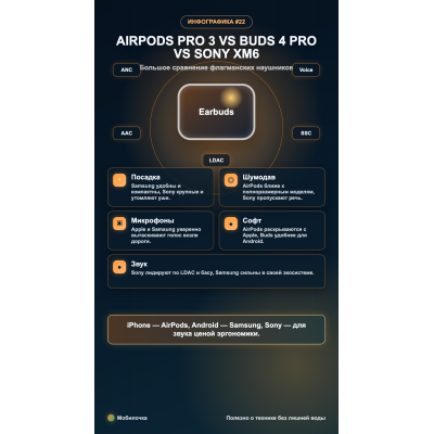 Сравнение флагманских наушников: AirPods Pro 3, Galaxy Buds 4 Pro и Sony WF-1000XM6 